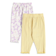 Baby Girls Off-White And Yellow Cotton Star Printed And Ribbed Knit Bottoms Pack Of 2 Regular Fit Casual Wear