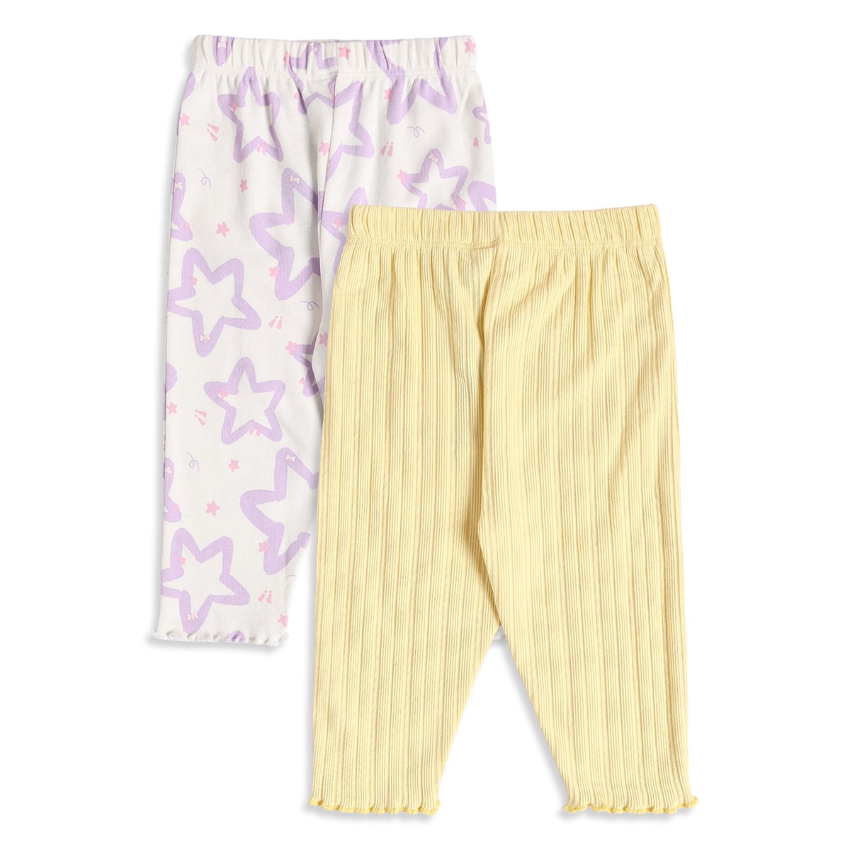 Baby Girls Off-White And Yellow Cotton Star Printed And Ribbed Knit Bottoms Pack Of 2 Regular Fit Casual Wear
