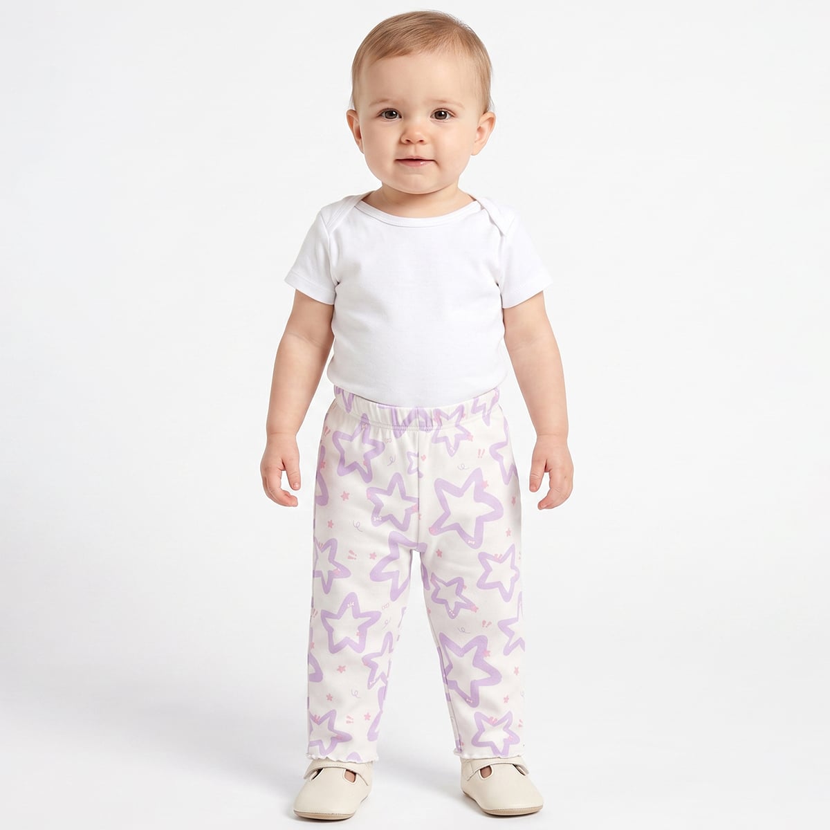 Baby Girls Off-White And Yellow Cotton Star Printed And Ribbed Knit Bottoms Pack Of 2 Regular Fit Casual Wear