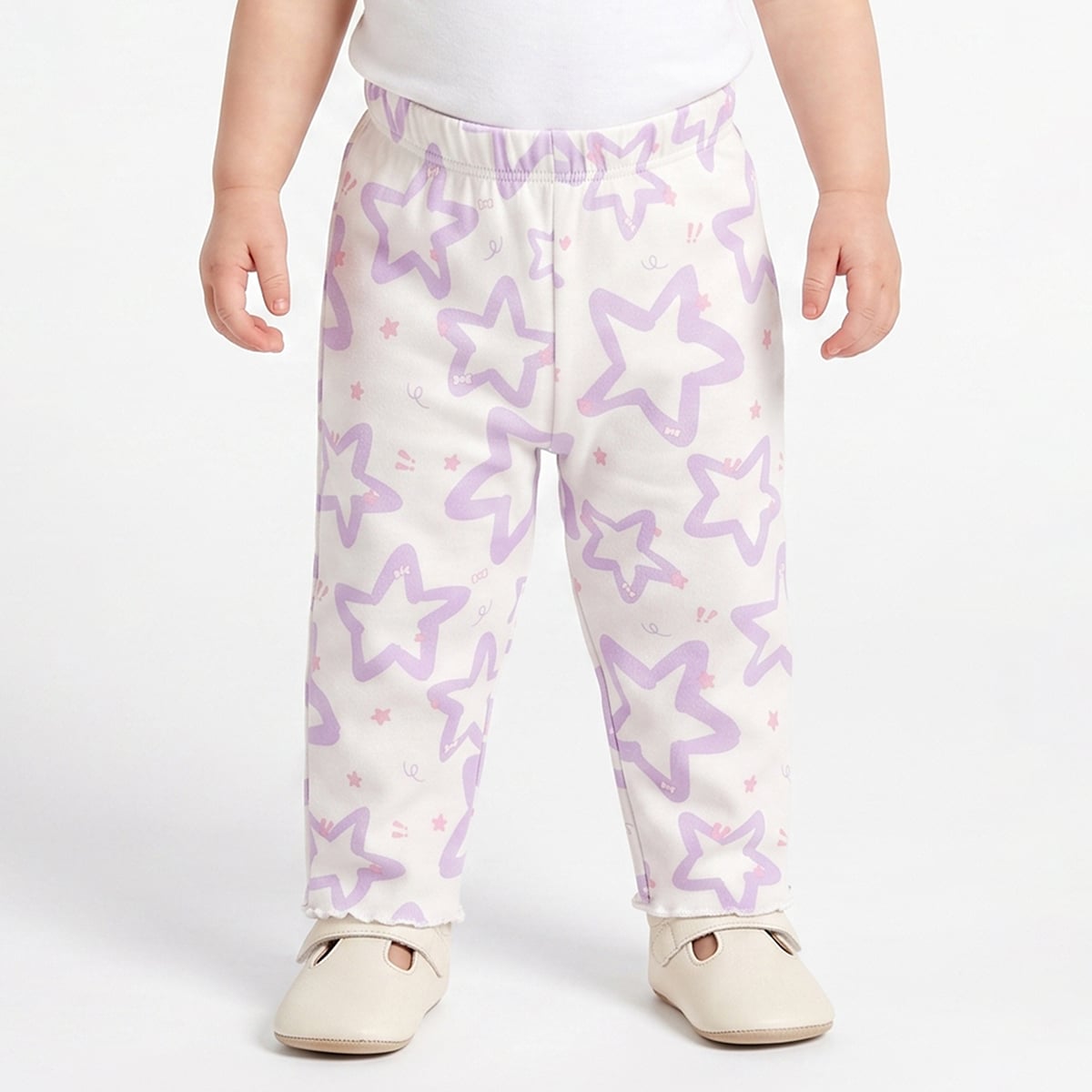 Baby Girls Off-White And Yellow Cotton Star Printed And Ribbed Knit Bottoms Pack Of 2 Regular Fit Casual Wear