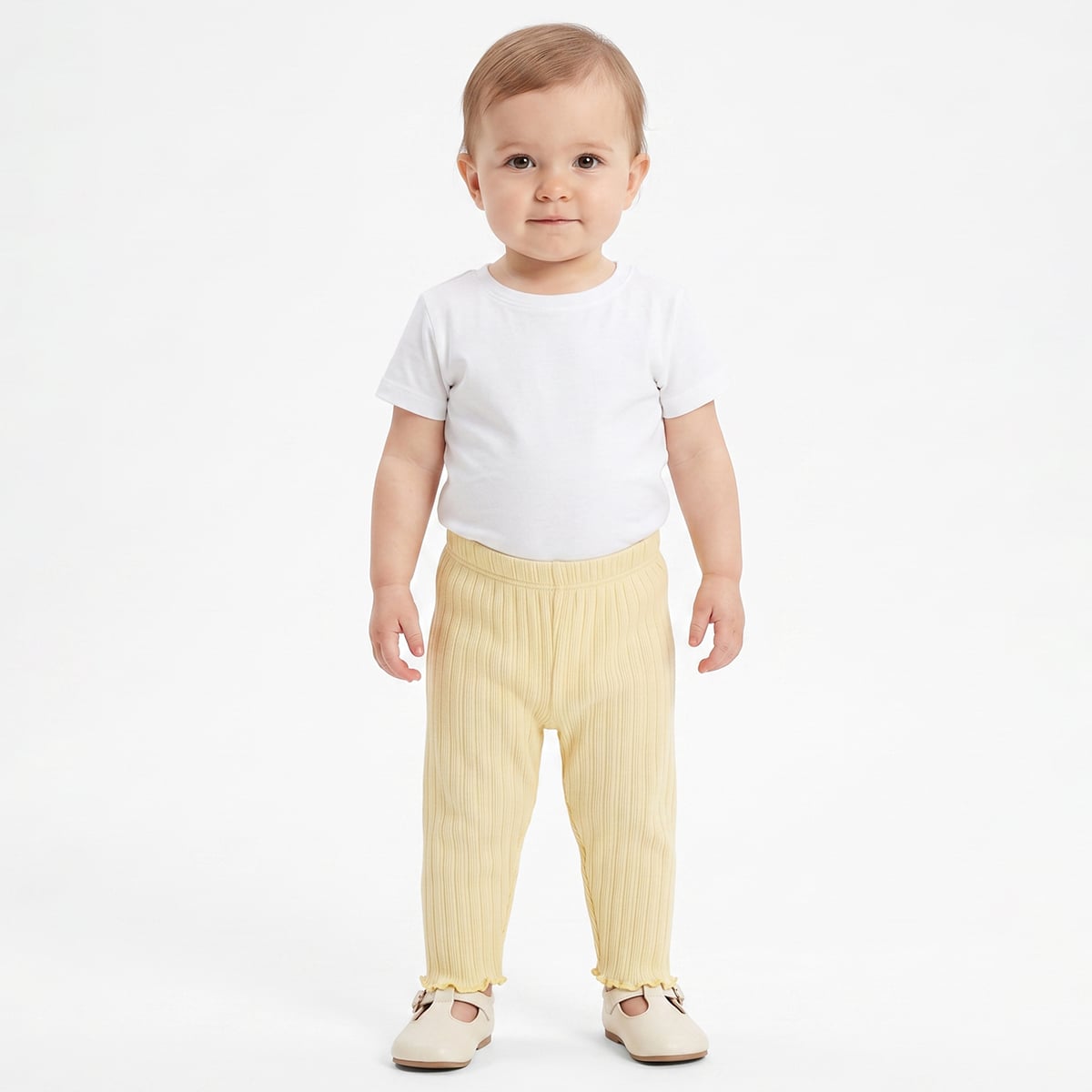Baby Girls Off-White And Yellow Cotton Star Printed And Ribbed Knit Bottoms Pack Of 2 Regular Fit Casual Wear