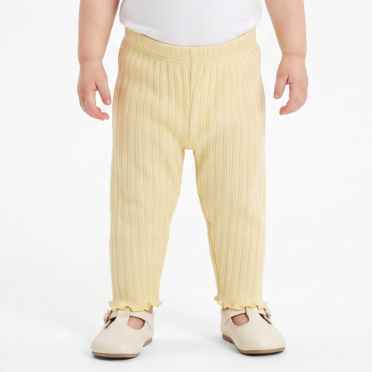 Baby Girls Off-White And Yellow Cotton Star Printed And Ribbed Knit Bottoms Pack Of 2 Regular Fit Casual Wear