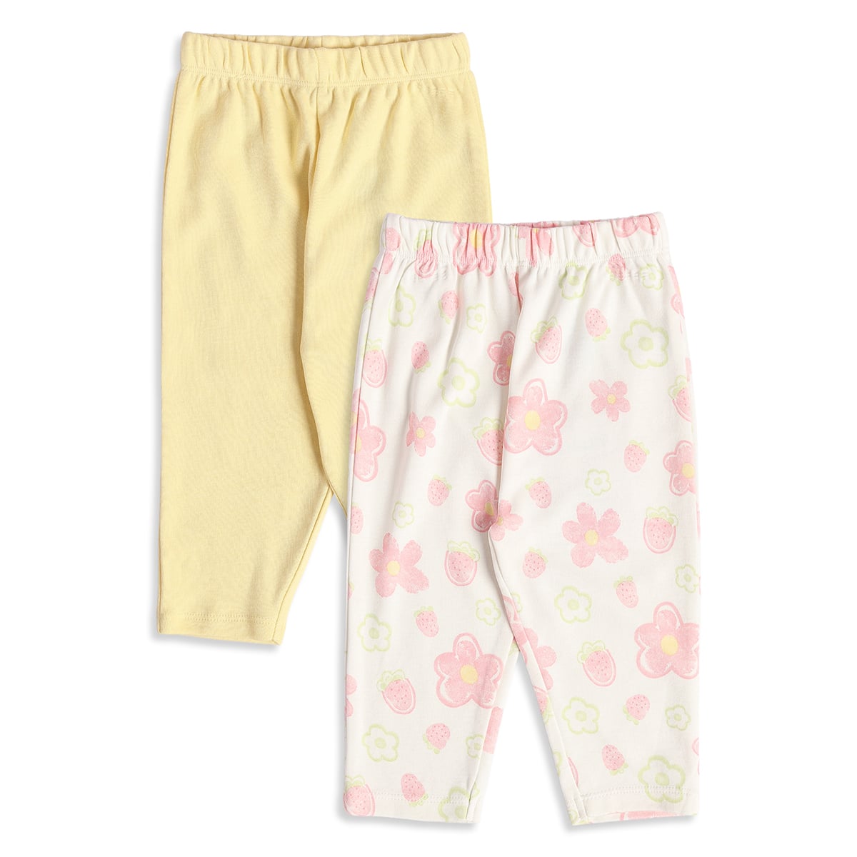 Baby Girls Yellow and White Strawberry Floral Cotton Knit Pants Pack of 2 Casual Wear
