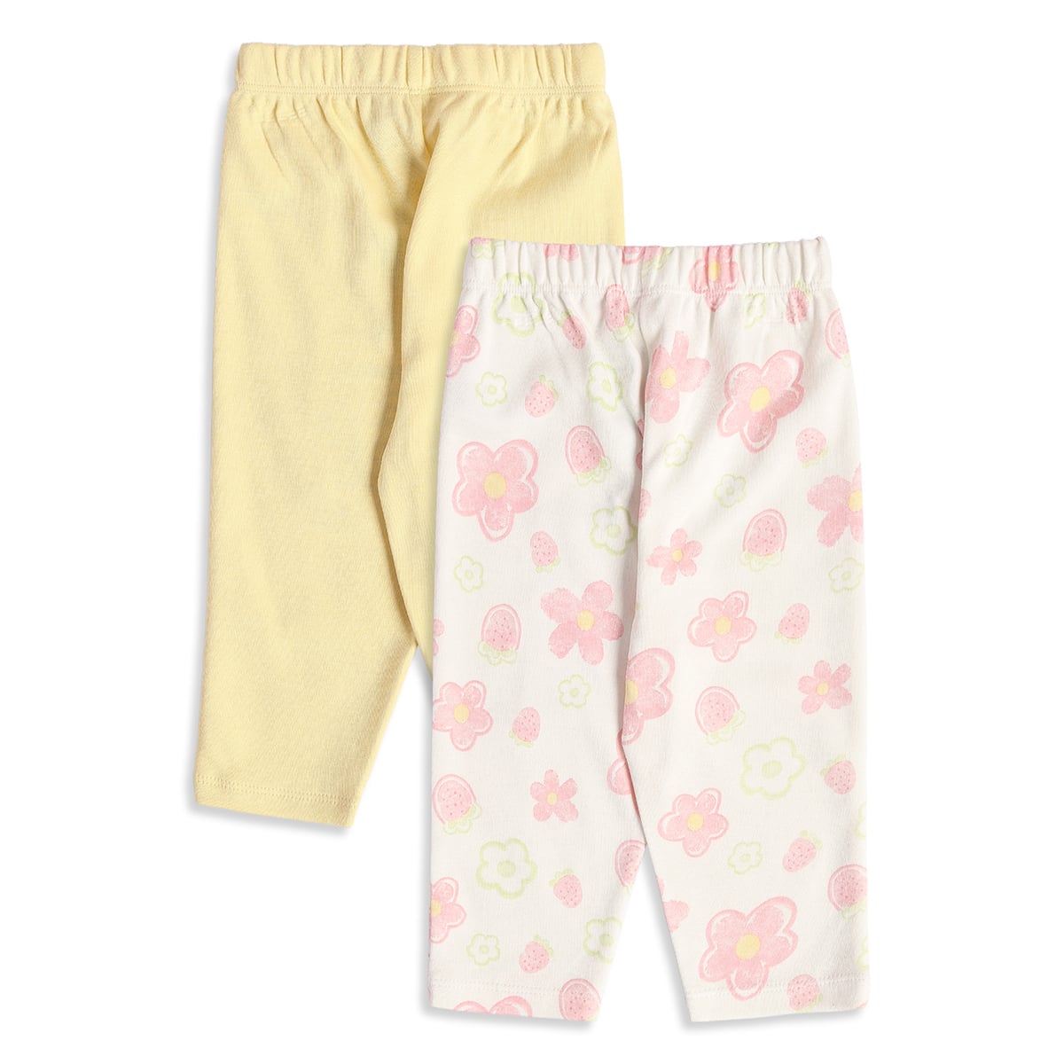 Baby Girls Yellow and White Strawberry Floral Cotton Knit Pants Pack of 2 Casual Wear