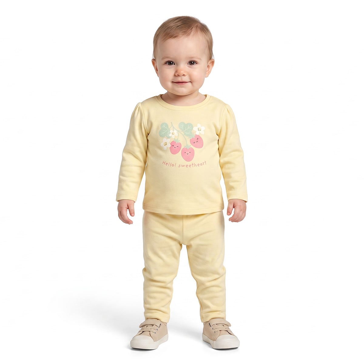 Baby Girls Yellow and White Strawberry Floral Cotton Knit Pants Pack of 2 Casual Wear