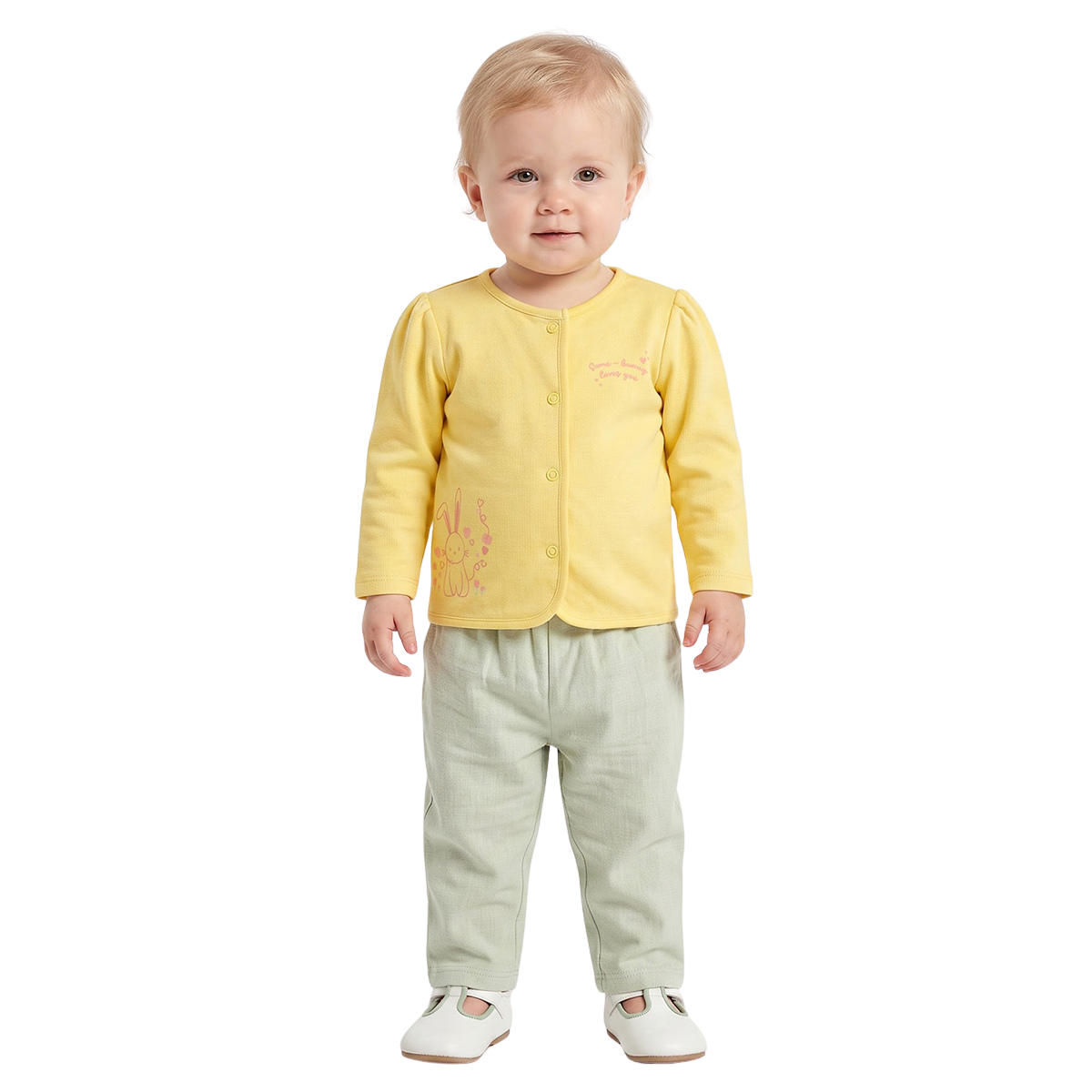 Baby Girls Pink Bunny Print and Light Green Cotton Knit Pants Pack of