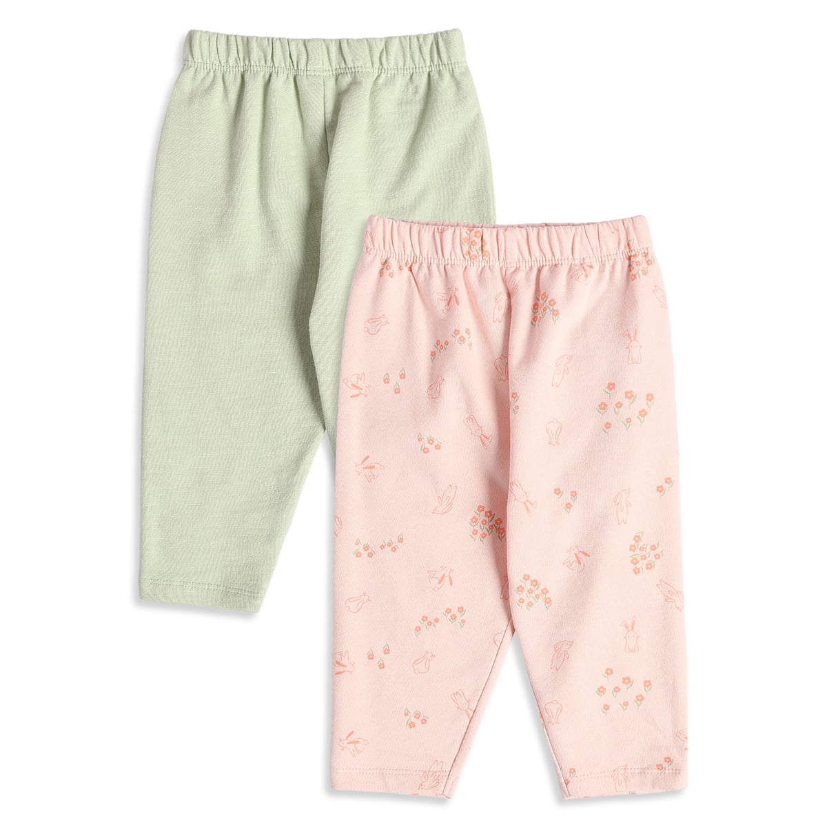 Baby Girls Pink Bunny Print and Light Green Cotton Knit Pants Pack of 2 Casual Wear