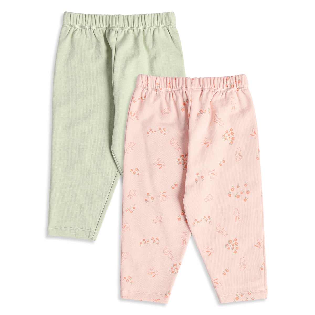 Baby Girls Pink Bunny Print and Light Green Cotton Knit Pants Pack of 2 Casual Wear