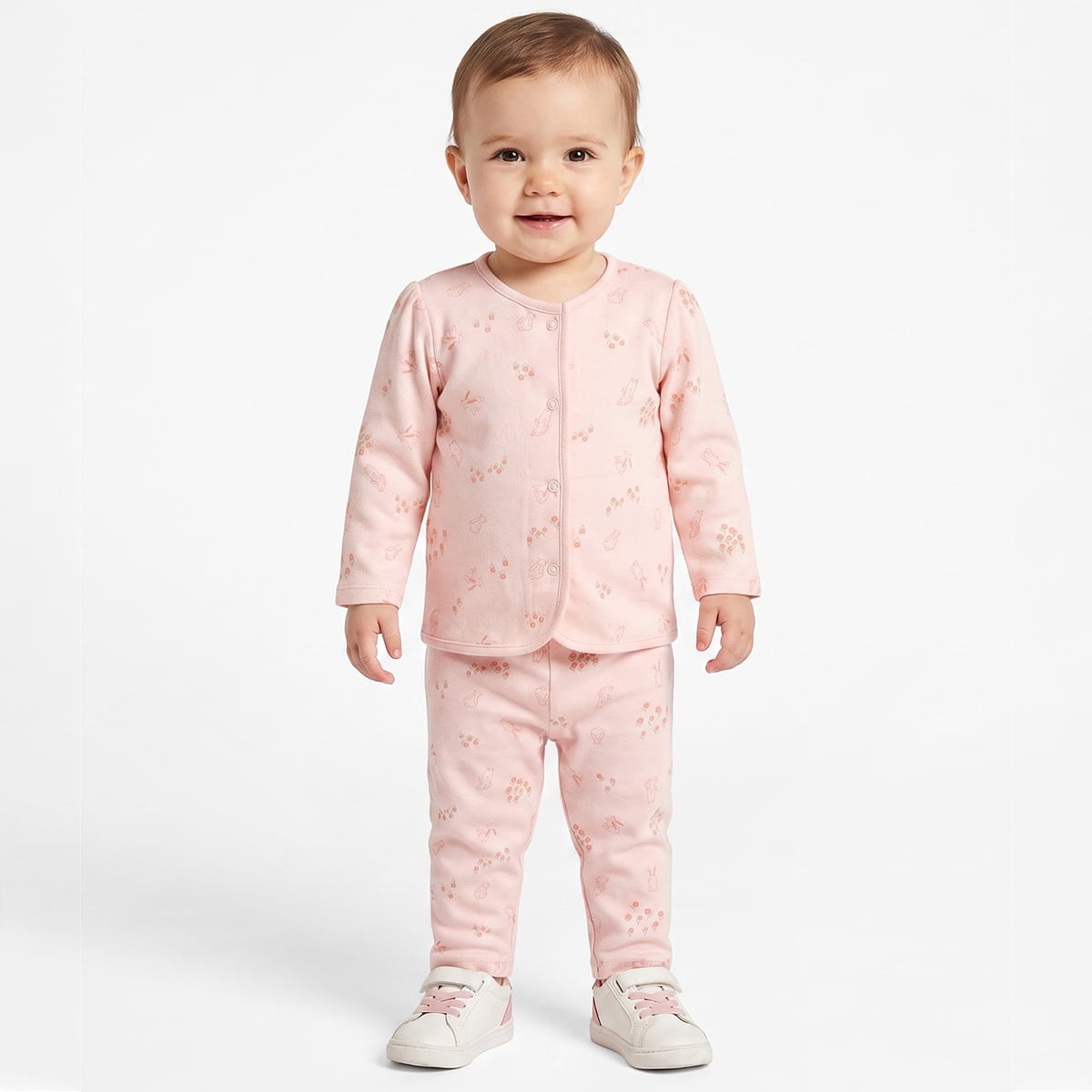 Baby Girls Pink Bunny Print and Light Green Cotton Knit Pants Pack of 2 Casual Wear