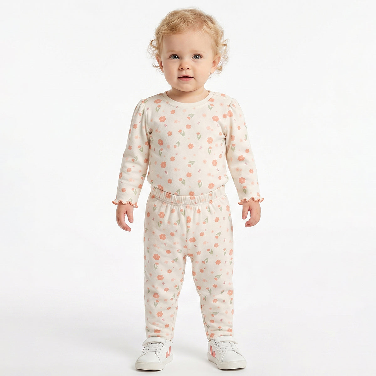 Baby Girls Peach and Off White Cotton Knit Bottom Pack of 2 Regular Fit.