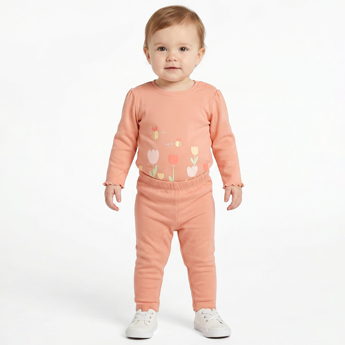 Baby Girls Peach and Off White Cotton Knit Bottom Pack of 2 Regular Fit.