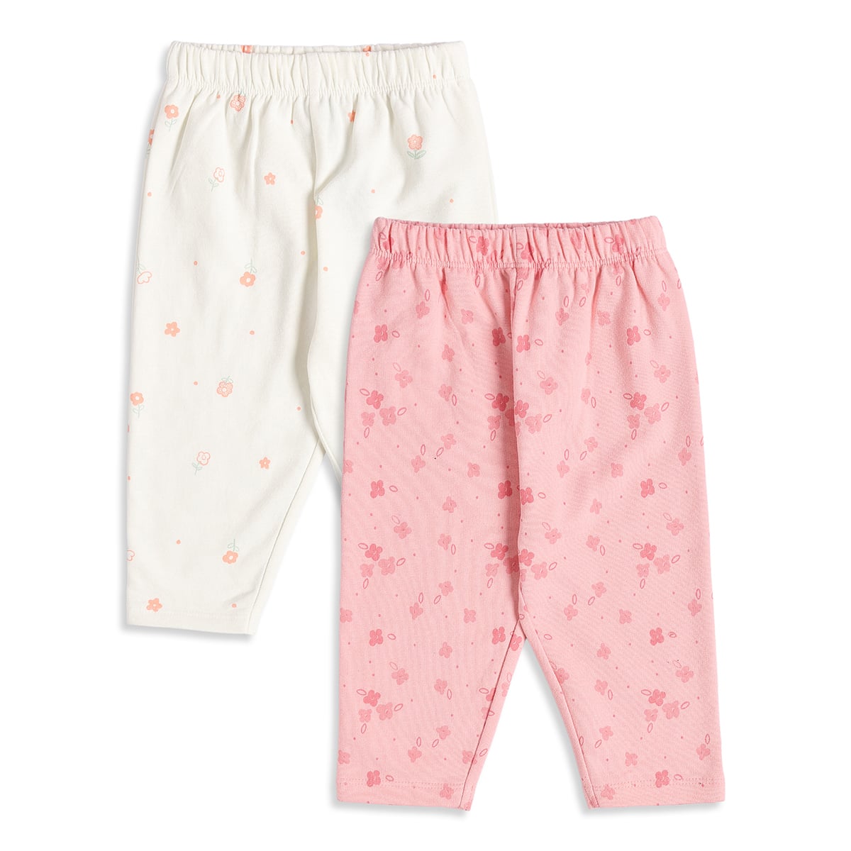 Baby Girls Pink And Cream Cotton Floral Printed Leggings Pack Of 2 Regular Fit Casual Wear