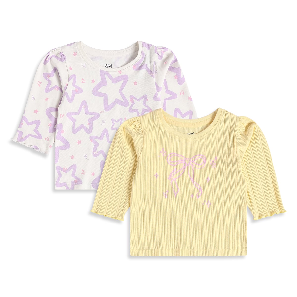 Baby Girls Yellow And Off White Cotton Blend Bow And Star Printed Tops Pack of 2 Regular Fit Casual Wear