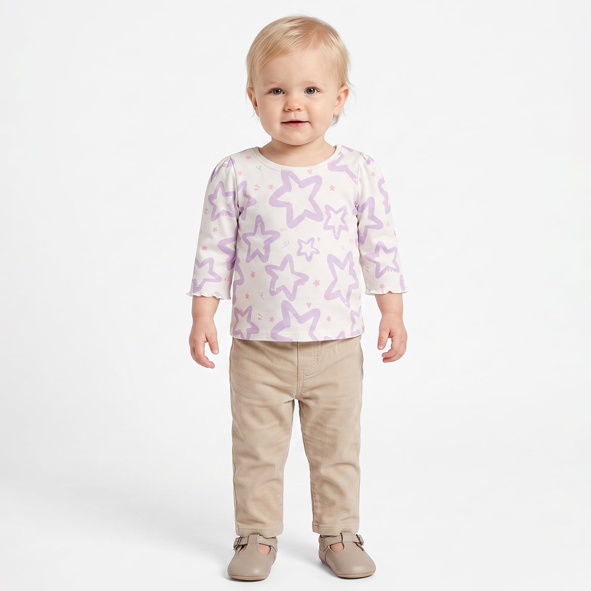 Baby Girls Yellow And Off White Cotton Blend Bow And Star Printed Tops Pack of 2 Regular Fit Casual Wear