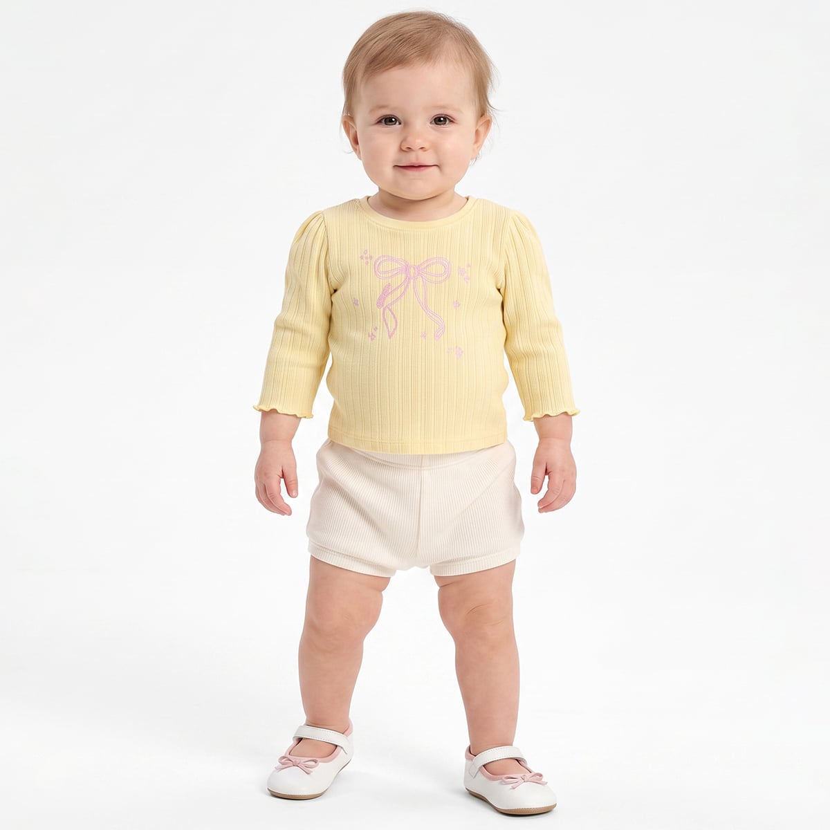 Baby Girls Yellow And Off White Cotton Blend Bow And Star Printed Tops Pack of 2 Regular Fit Casual Wear
