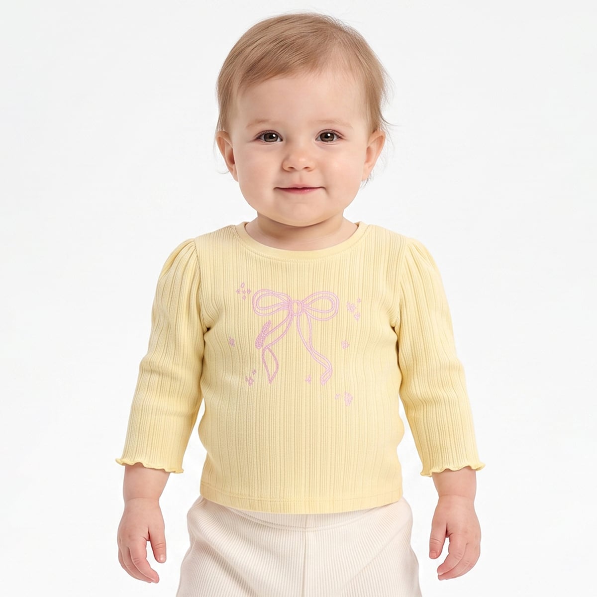 Baby Girls Yellow And Off White Cotton Blend Bow And Star Printed Tops Pack of 2 Regular Fit Casual Wear