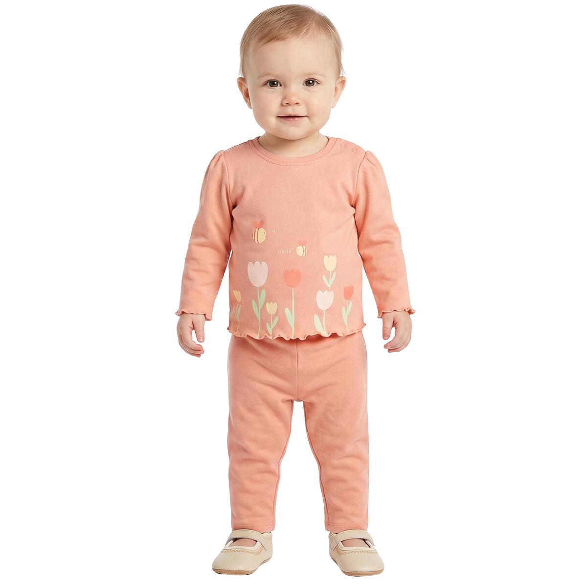 Baby Girls Peach and Off White Cotton T Shirt Pack of 2 Regular Fit