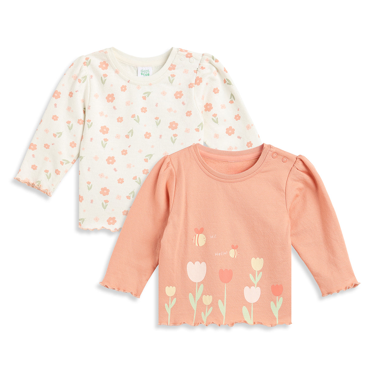 Baby Girls Peach and Off White Cotton T-Shirt Pack of 2 Regular Fit.
