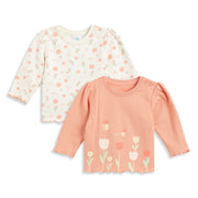 Baby Girls Peach and Off White Cotton T-Shirt Pack of 2 Regular Fit.