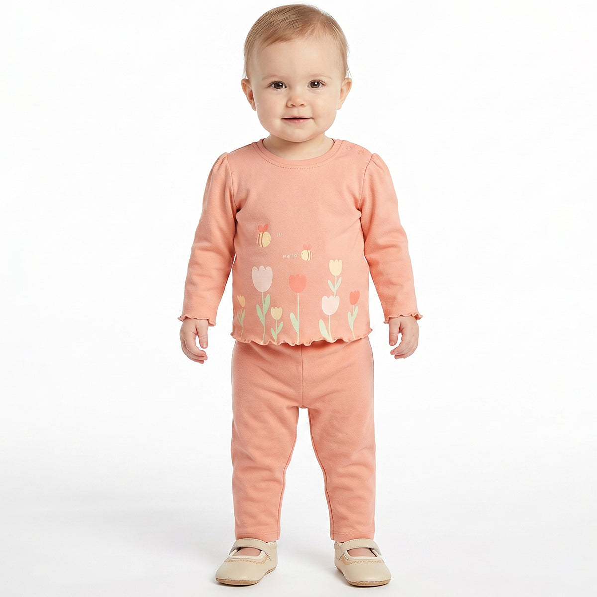 Baby Girls Peach and Off White Cotton T-Shirt Pack of 2 Regular Fit.