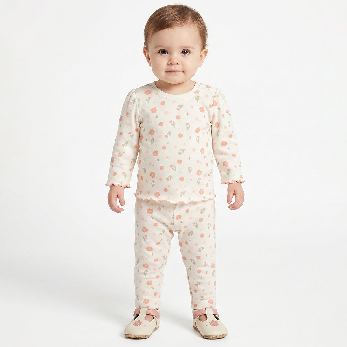 Baby Girls Peach and Off White Cotton T-Shirt Pack of 2 Regular Fit.