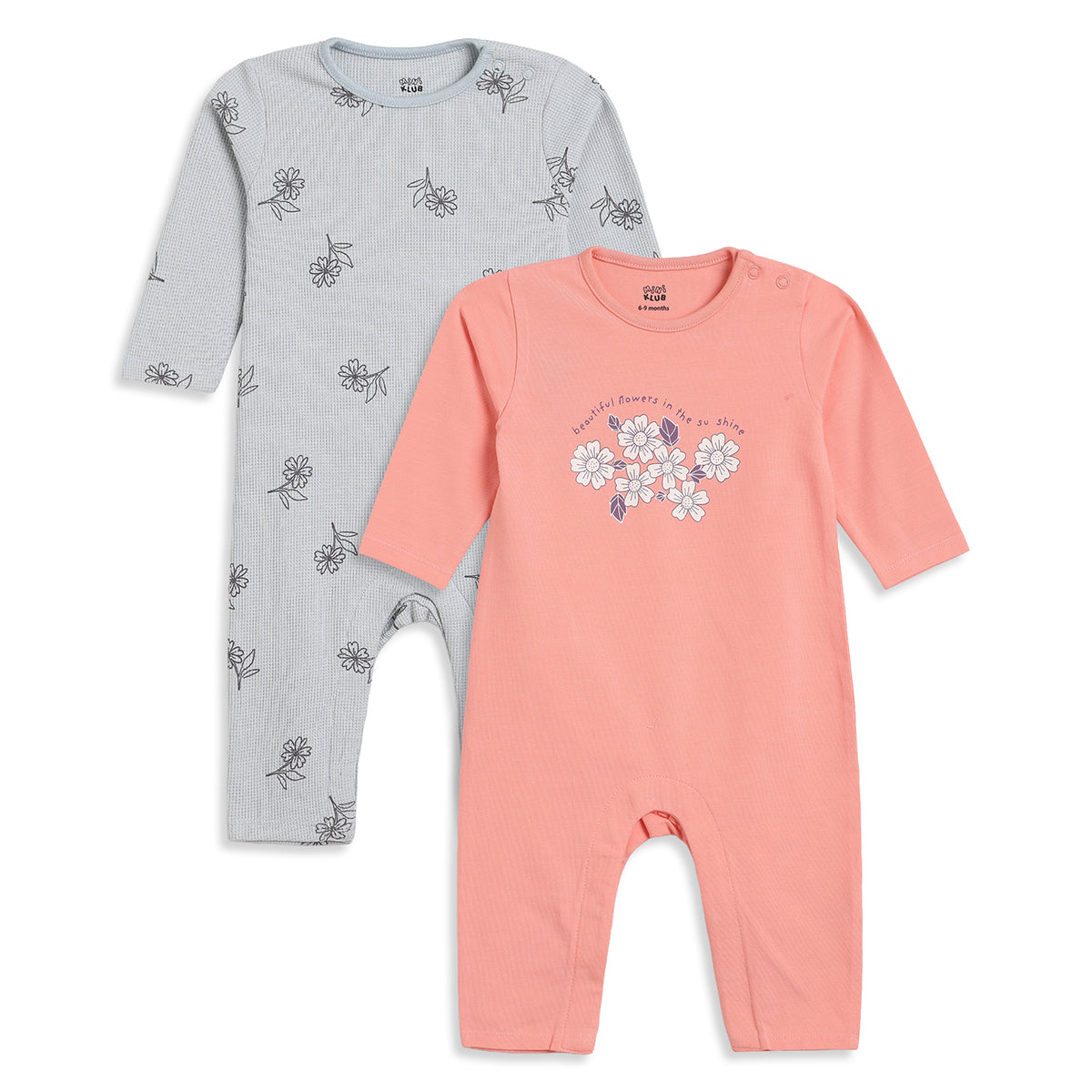 Girls Grey Coral Cotton Sleepsuits Pack of 2 Regular Fit Sleepwear