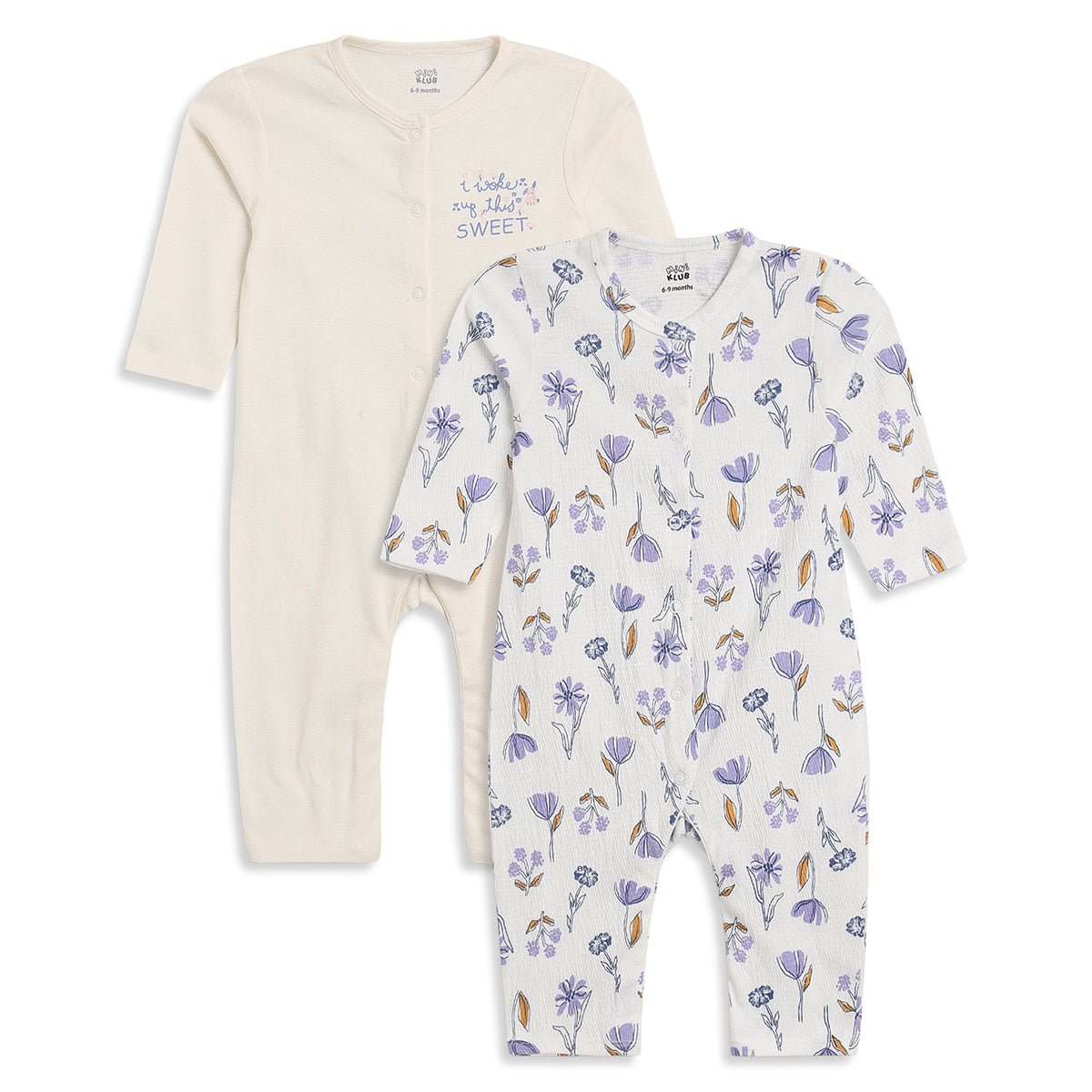 Girls Cream Floral Cotton Sleepsuits Pack of 2 Regular Fit Sleepwear