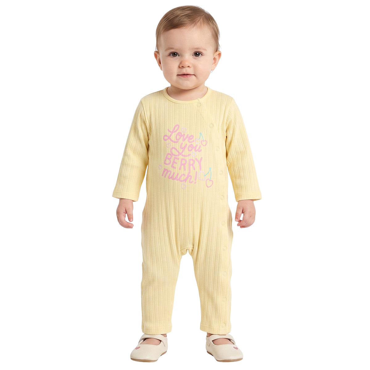 Baby Girls Yellow and Mint Green Cherry and Floral Printed Rompers