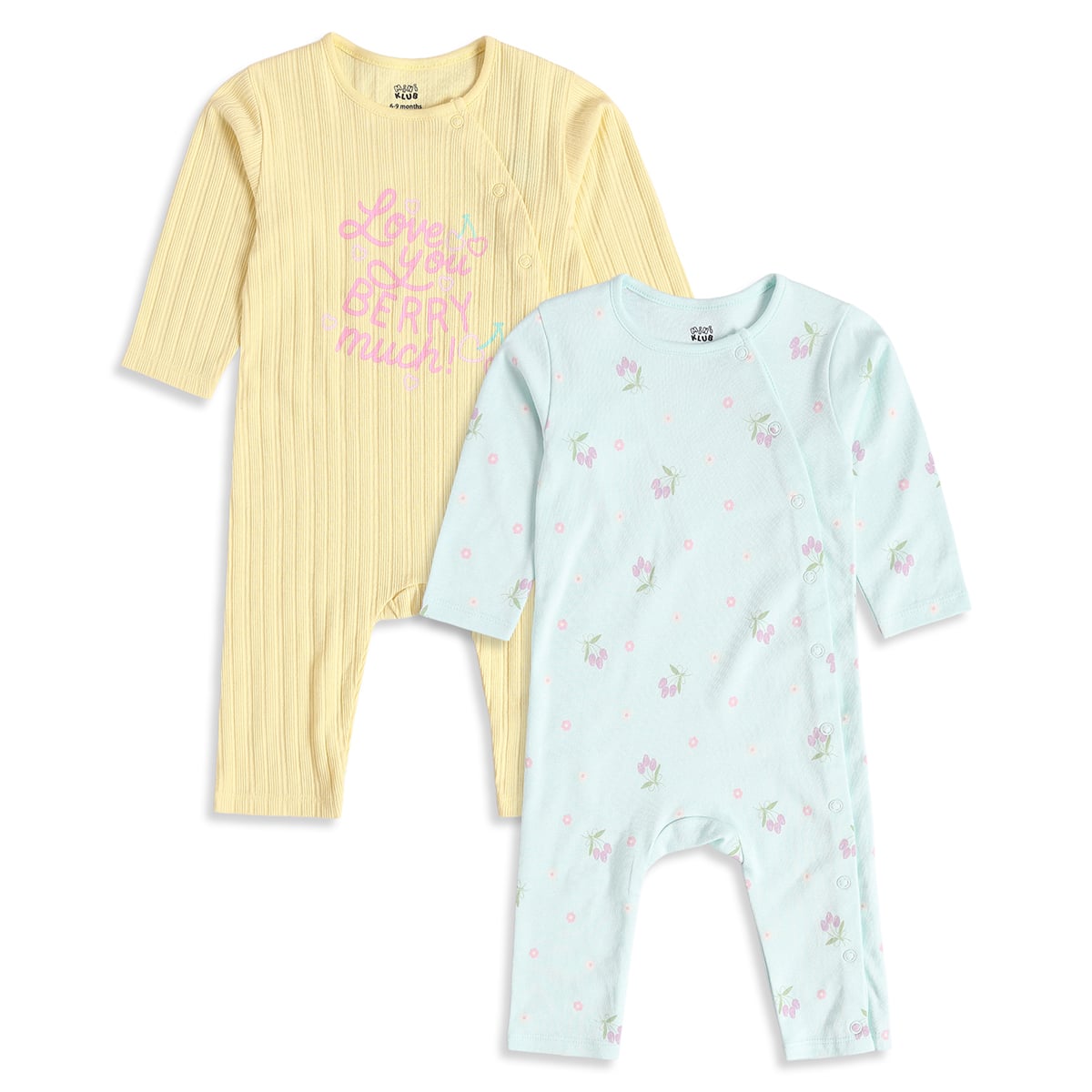 Baby Girls Yellow And Mint Green Cotton Blend Cherry And Floral Printed Rompers Pack of 2 Regular Fit Casual Wear