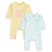 Baby Girls Yellow And Mint Green Cotton Blend Cherry And Floral Printed Rompers Pack of 2 Regular Fit Casual Wear