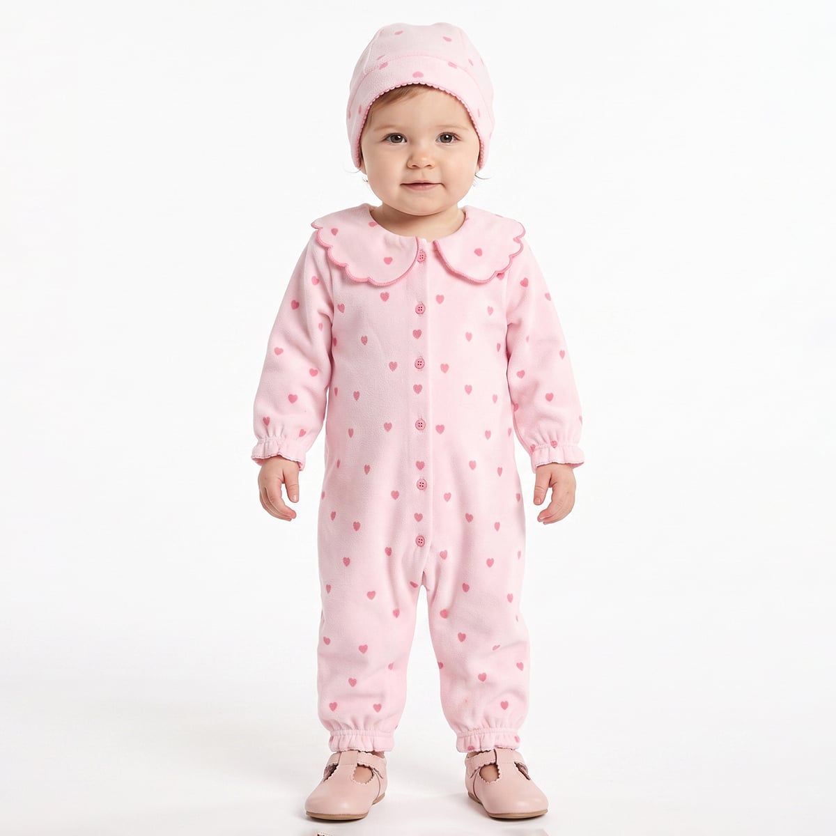 Baby Girls Pink Cotton Blend Heart Printed Romper With Cap Pack of 1 Regular Fit Casual Wear