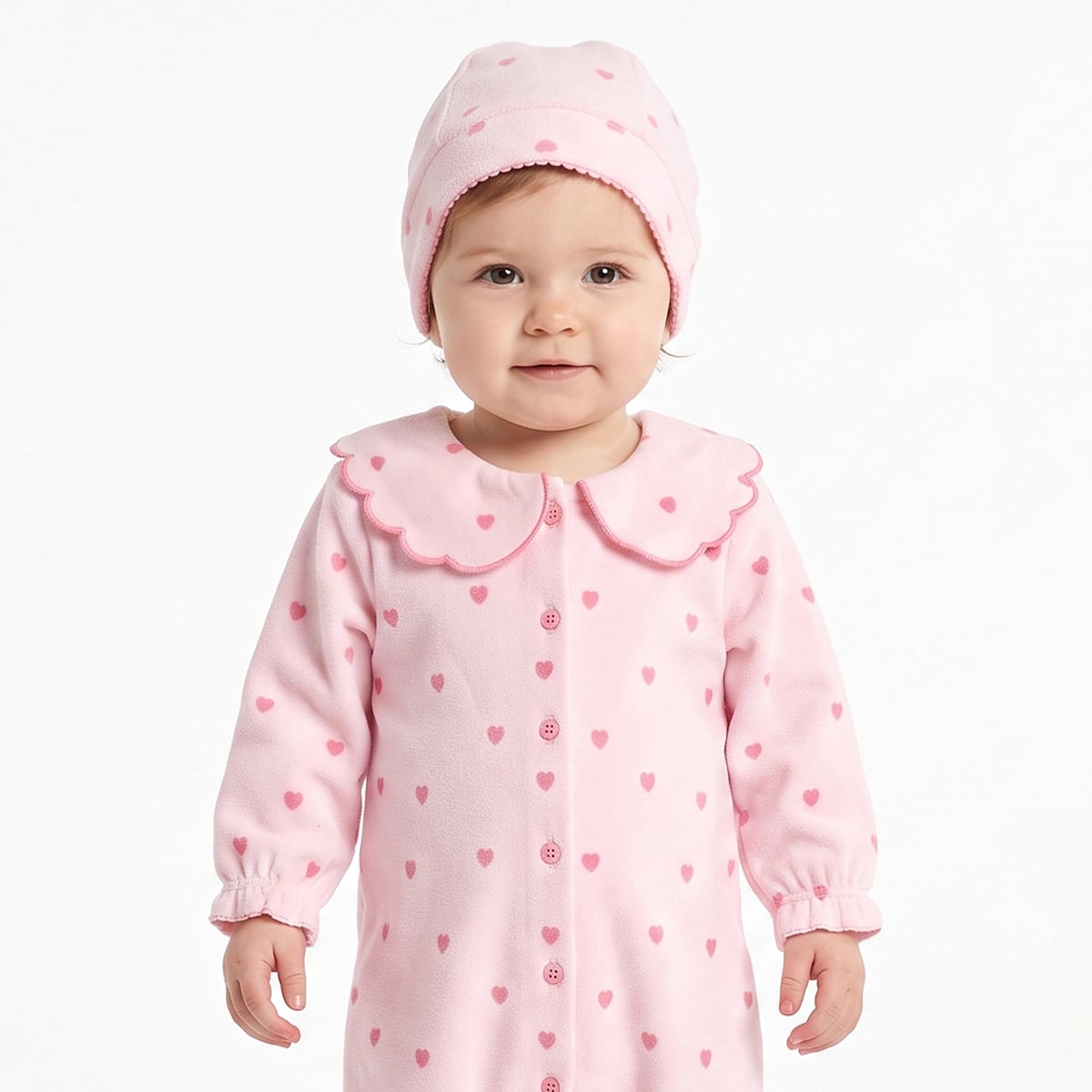 Baby Girls Pink Cotton Blend Heart Printed Romper With Cap Pack of 1 Regular Fit Casual Wear