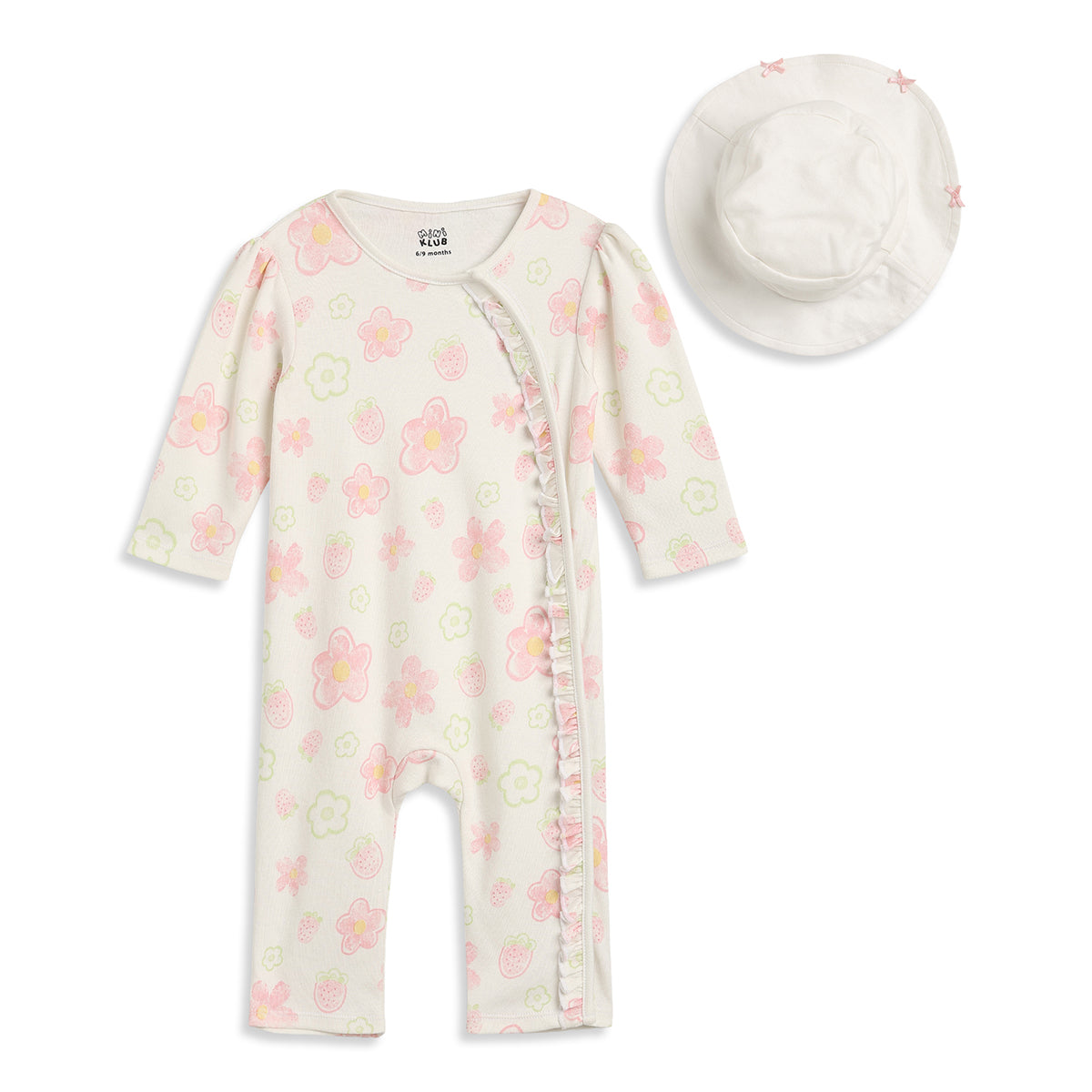 Baby Girls Off White Cotton Sleepsuit with Hat Regular Fit Casual Sleepsuit Set