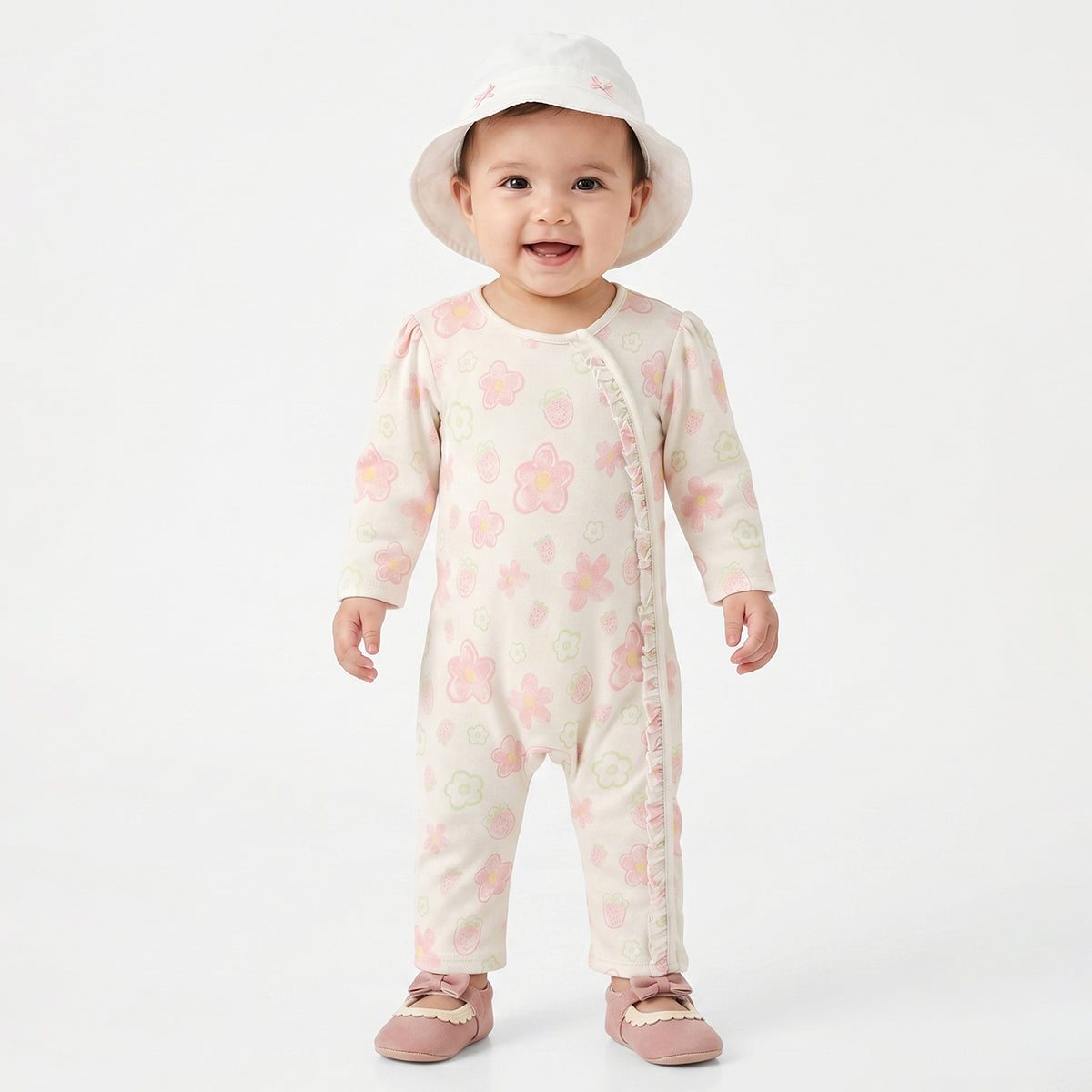 Baby Girls Off White Cotton Sleepsuit with Hat Regular Fit Casual Sleepsuit Set
