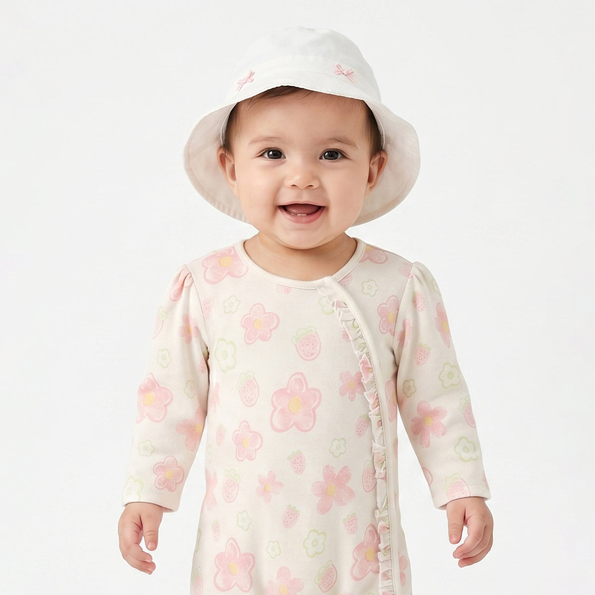 Baby Girls Off White Cotton Sleepsuit with Hat Regular Fit Casual Sleepsuit Set