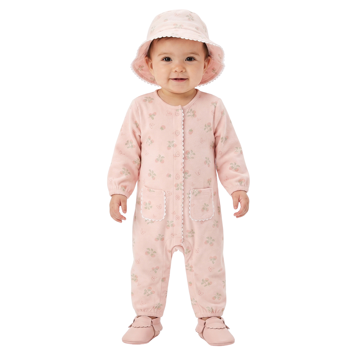 Baby Girls Peach Cotton Sleepsuit with Hat Regular Fit