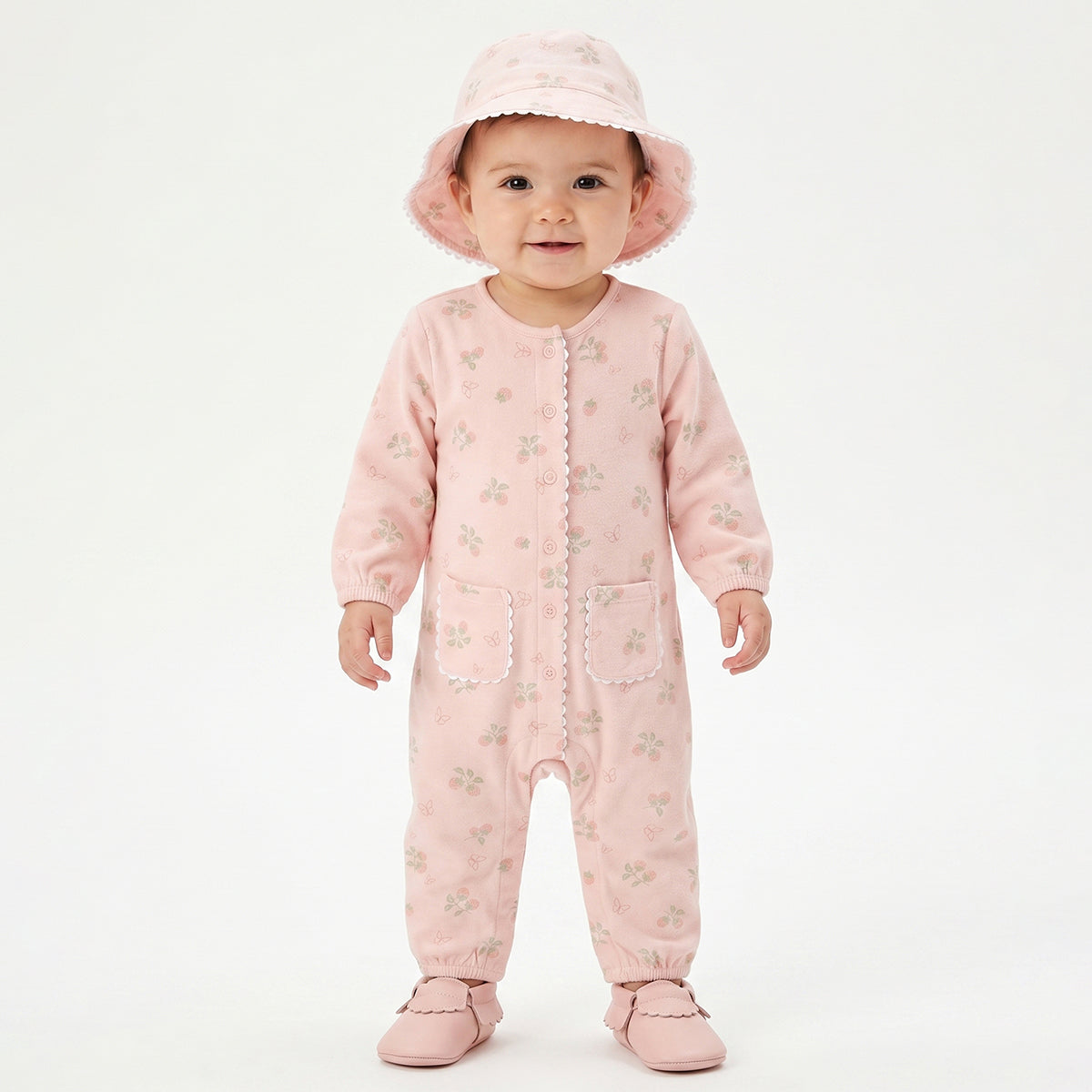 Baby Girls Peach Cotton Sleepsuit with Hat Regular Fit.