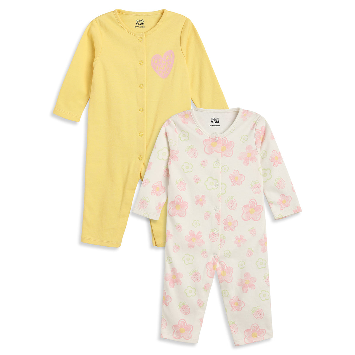 Baby Girls Yellow and Off White Cotton Sleepsuit Pack of 2 Regular Fit.