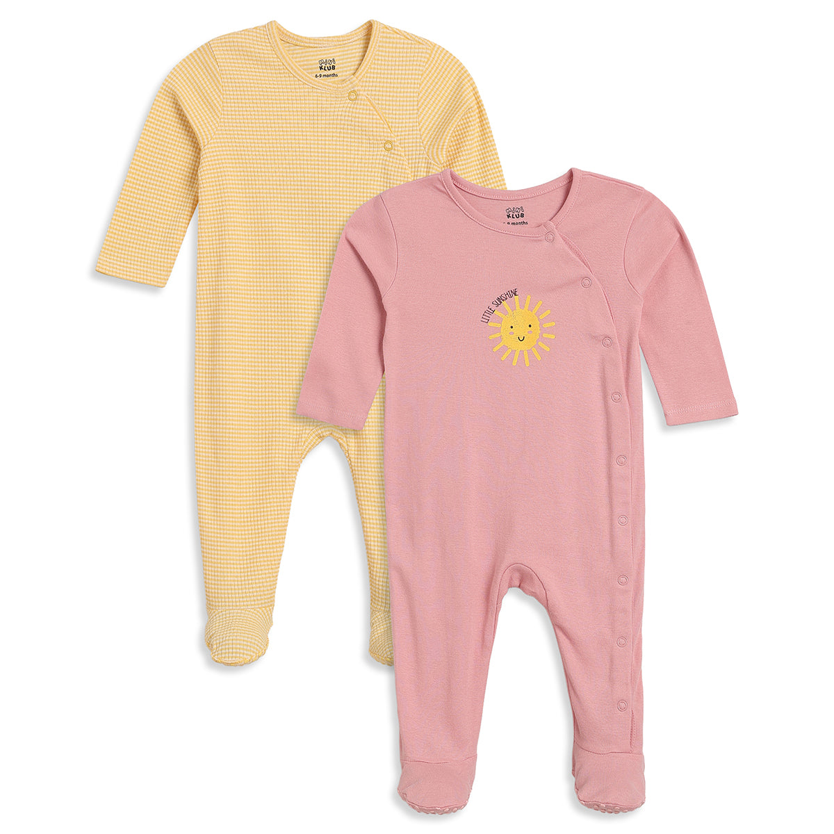 Baby Girls Yellow Pink Cotton Sleepsuits Pack of 2 Regular Fit Sleepwear