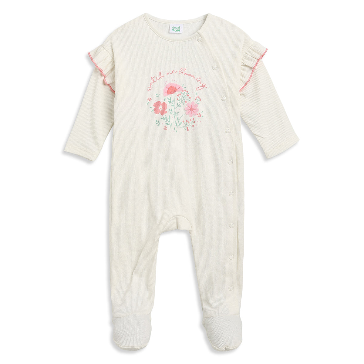 Baby Girls Off White Cotton Rib Sleepsuit Regular Fit.