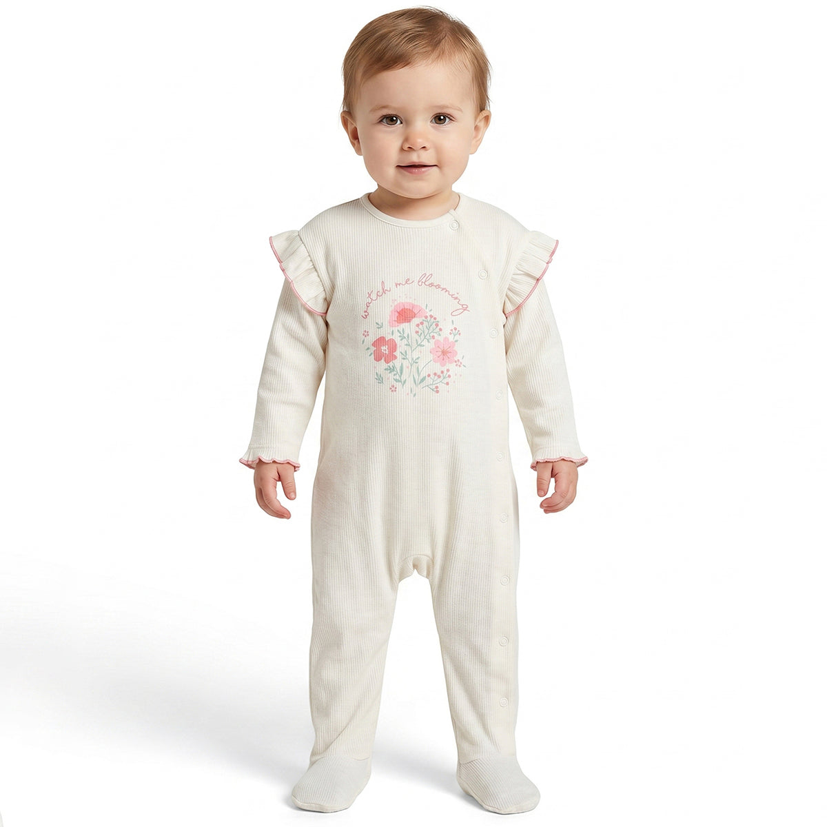 Baby Girls Off White Cotton Rib Sleepsuit Regular Fit.