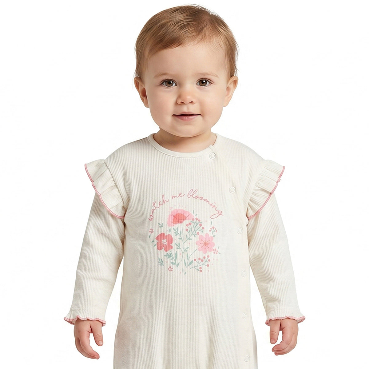 Baby Girls Off White Cotton Rib Sleepsuit Regular Fit.