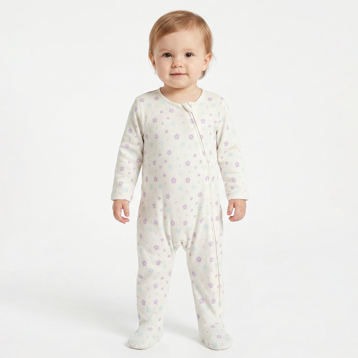 Baby Girls Pink and Off White Cotton Sleepsuit Pack of 2 Regular Fit.