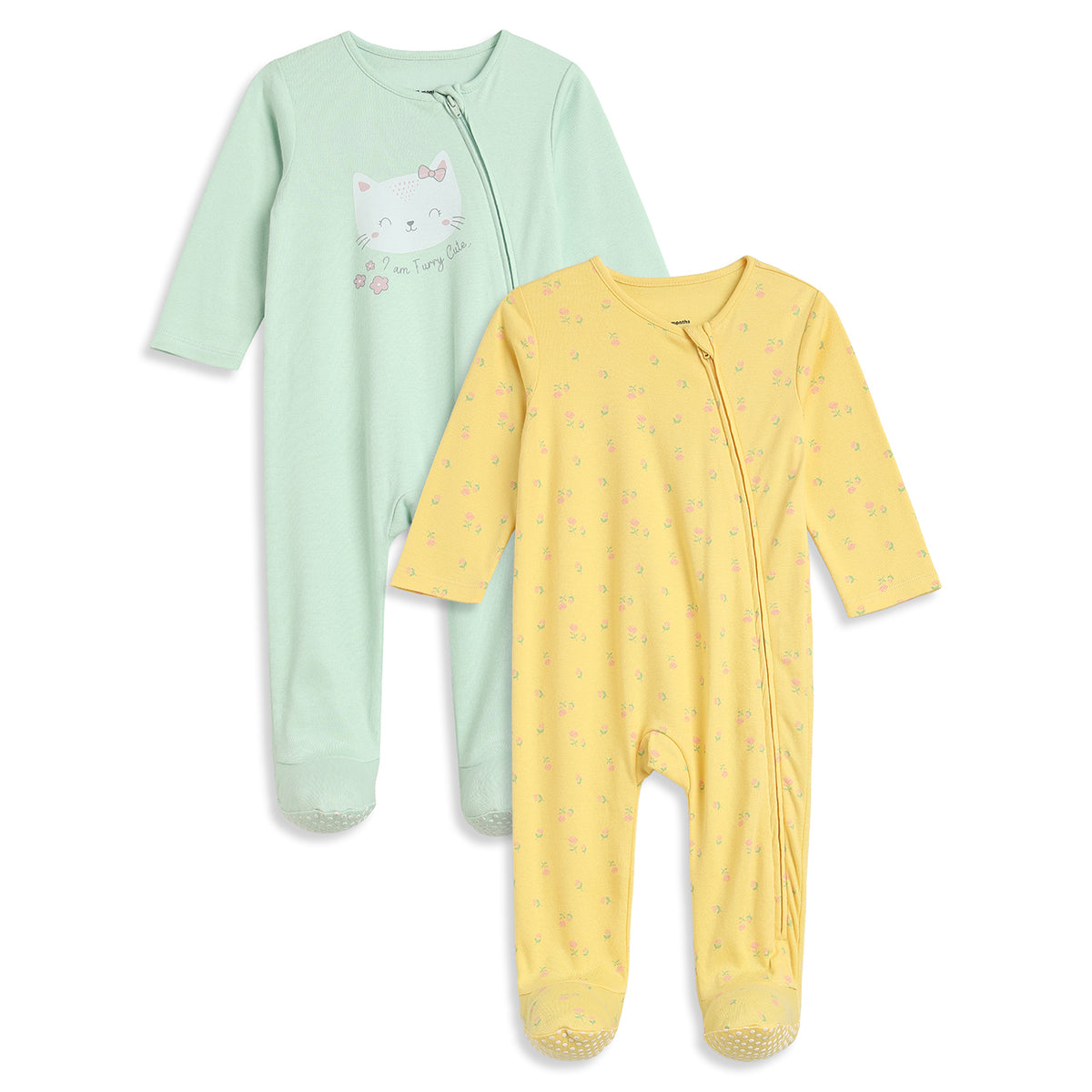 Baby Girls Mint Green and Yellow Cotton Sleepsuit Pack of 2 Regular Fit.