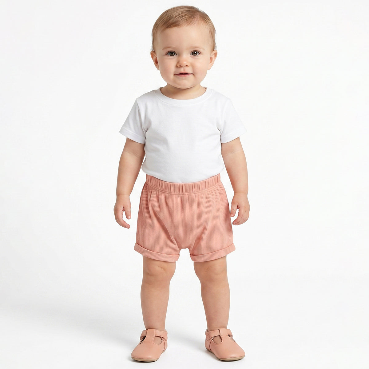 Baby Girls Peach and Light Pink Cotton Knit Shorts Pack of 2 Regular Fit.