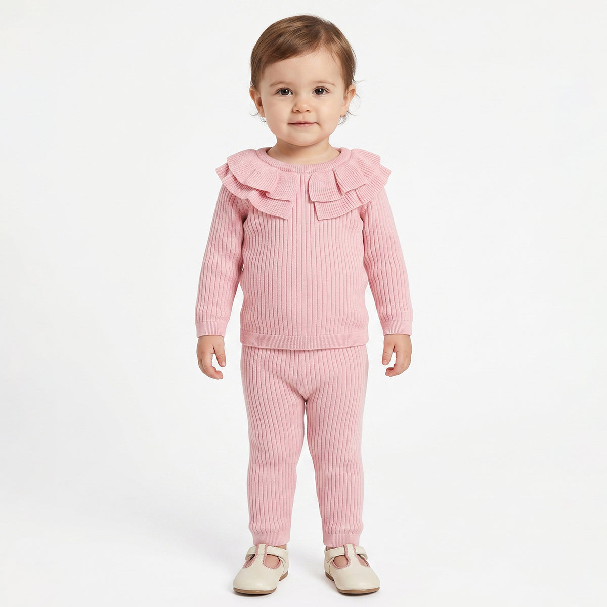 Baby Girls Light Pink Sweater Top and Bottom Set Regular Fit Winter Co-ord Set
