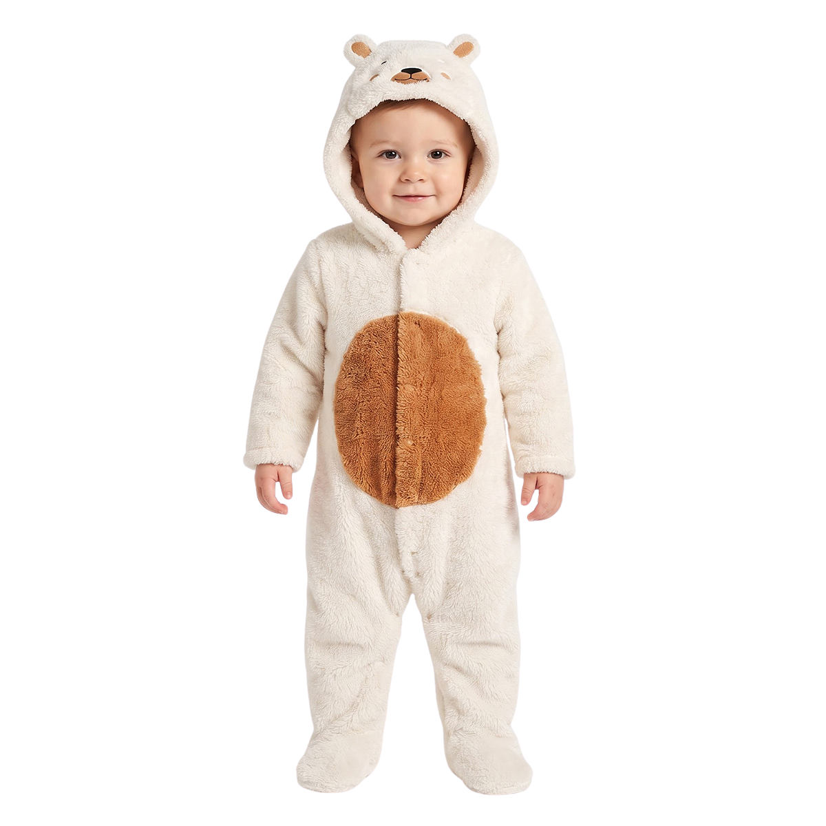 Unisex Baby Cream and Brown Plush Bear Hooded Sleepsuit Winter Wear