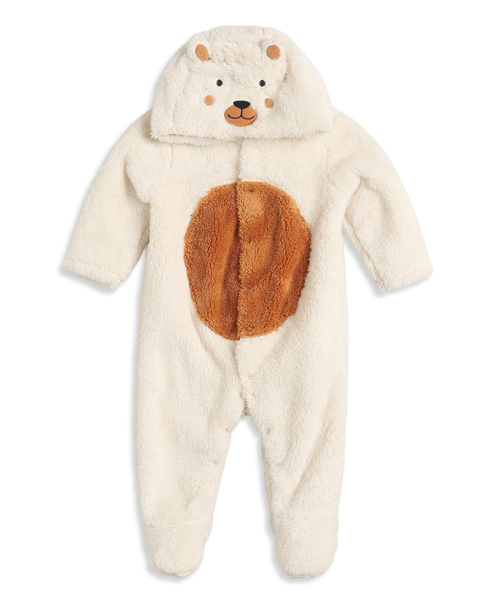 Unisex Baby Cream and Brown Plush Bear Hooded Sleepsuit Regular Fit Winter Wear