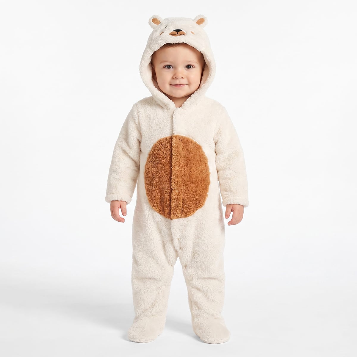 Unisex Baby Cream and Brown Plush Bear Hooded Sleepsuit Regular Fit Winter Wear
