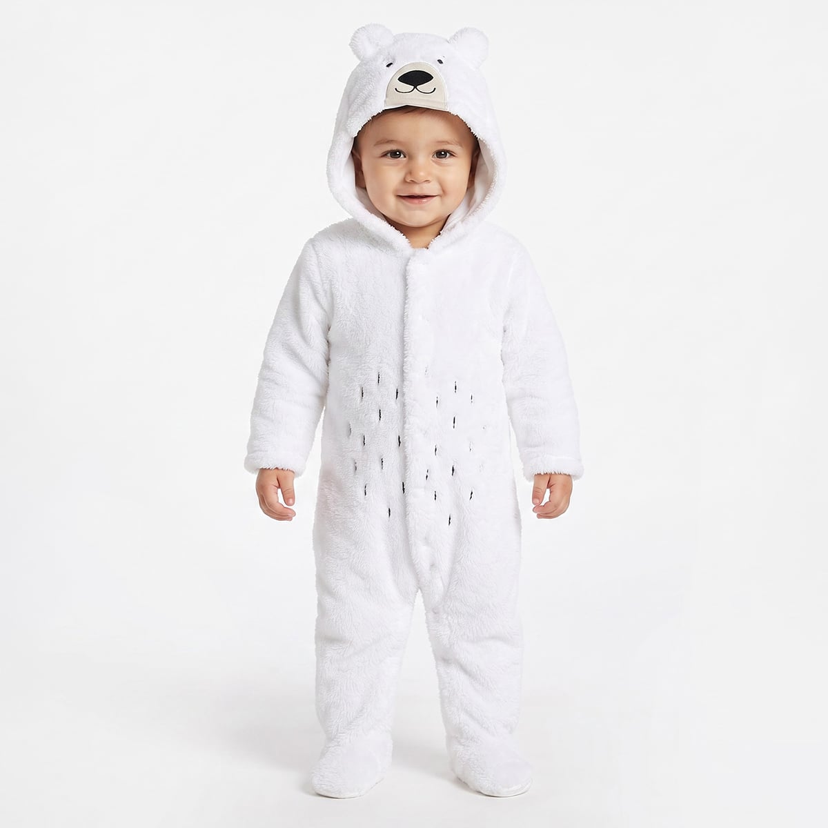 Baby Unisex White Polyester Hooded Polar Bear Sleepsuit Full Sleeve Winter Wear